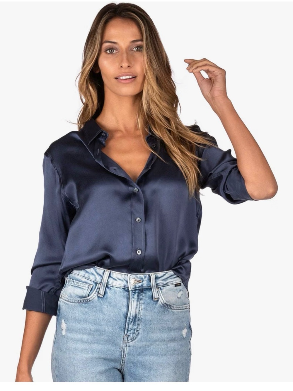 100 % real natural silk Navy Button-Down Shirt - Polished Long Sleeve
